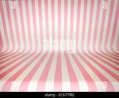 Striped, glamorous, studio background . Pink and white  stripes. Template for design. 3d illustration. Render. Stock Photo