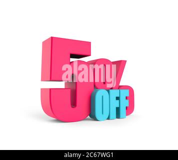 3D sign 5 percent off. Render. Pink bright numbers on a white background. Isolated Stock Photo