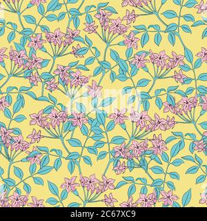ector retro style pink Jasmine floral seamless repeat pattern. yellow background. Stock Vector