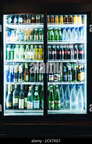 Budva, Montenegro - 07 june 2020: Fridge with drinks at night. Stock Photo