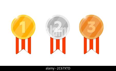 Gold silver bronze medal reward set with first second third place number and striped ribbon for video game or apps icon. Bonus achievement award. Winner trophy isolated flat vector illustration Stock Vector