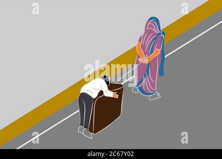 A migrant women wheels her son sleeping on suitcase during lockdown in india vector illustration Stock Vector