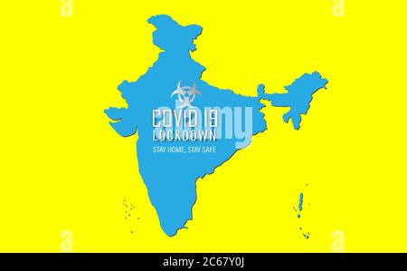India map and written Covid 19 Lockdown in papercut style and drop shadow. Stay home, Stay safe Stock Vector