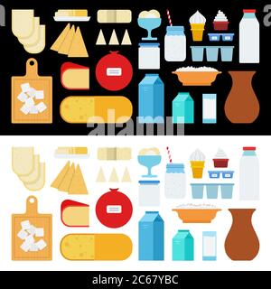 Milk and dairy products, cheese, yogurt, cottage cheese, ice cream for design market farm products vector flat icons. Isolated on white and black Stock Vector