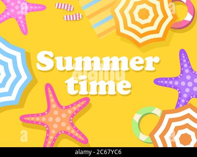 Summer time. Beach top view. Beach umbrella and starfish on the sand. Flat design style. Place for text, web banner. Vector illustration Stock Vector