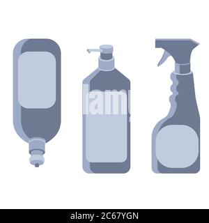 Sticker set mockup on white isolated backdrop. Antiseptic bottles for social banner, hygiene promotion, medical poster. Household goods store logo or Stock Vector