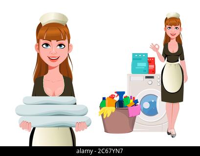 Smiling maid washing dishes in the kitchen Vector Image