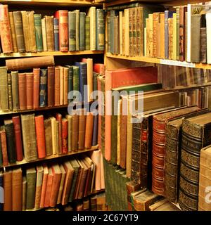 Secondhand and antiquarian book shop Armchair Books in Edinburgh's West Port, book shelves with religious literature and old copy of The Holy Bible. Stock Photo