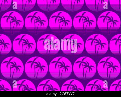 Seamless pattern with palm trees on sun background in 80s style, purple color. Synthwave retro background. Vector illustration Stock Vector