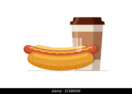 Fast food hot dog and disposable paper coffee cup. Hotdog sausage in bread bun with hot beverage. Fast food vector isolated flat eps illustration Stock Vector