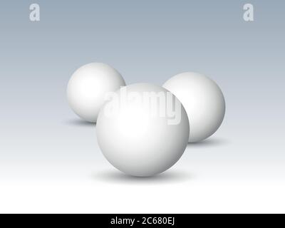 Three white spheres, balls or orbs. 3D vector objects with dropped shadow on gray background. Stock Vector