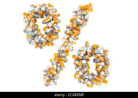 Percent symbol from medical bottles with drugs. 3D rendering isolated on white background Stock Photo