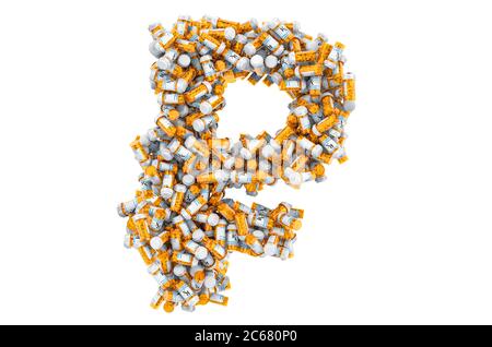 Ruble symbol from medical bottles with drugs. 3D rendering isolated on white background Stock Photo