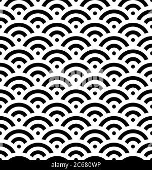 Black fish scale background of concentric circles. Abstract seamless pattern looks like sea waves. Vector illustration. Stock Vector