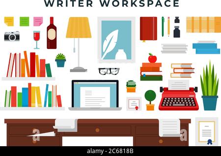 Writer working place, set of flat style elements. Writer cabinet interior details. Vector illustration. Stock Vector