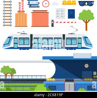 Set of Metro, Railway platform and Tram flat vector illustration. Stock Vector