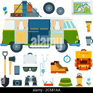 Set of Trip and Vacation flat vector illustration. Stock Vector