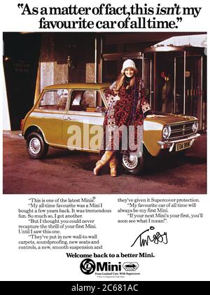 1977 British advertisement for the Leyland Mini motor car, featuring fashion model Twiggy. Stock Photo