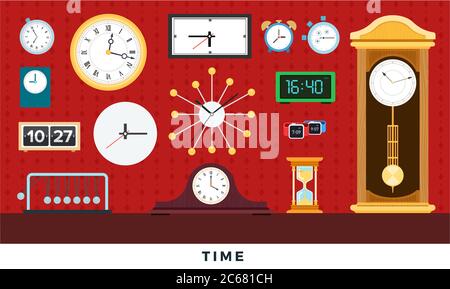 Different clocks from antiques to modern on wall and table. Vector flat illustrations. Stock Vector
