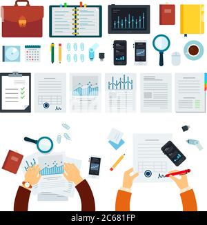 Set of Devices and Business Tools flat vector illustration. Stock Vector