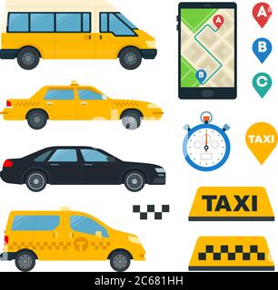 Set of Business and Yellow Taxi flat vector illustration. Stock Vector