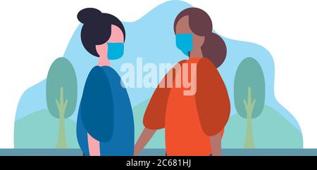 interracial women wearing medical masks in the camp characters vector illustration design Stock Vector