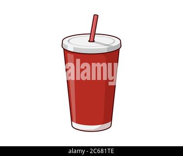 Red disposable paper or plastic beverage cup packaging template with drinking straw for soda or fresh juice cocktail. Vector flat eps illustration isolated on white background Stock Vector