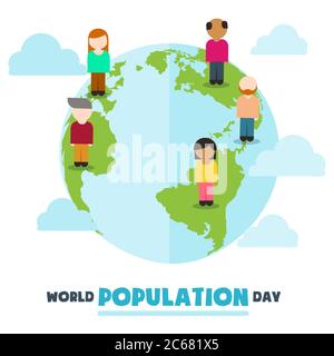 World Population Day, cartoon people, friendship on Earth globe, poster, template for web, vector illustration Stock Vector