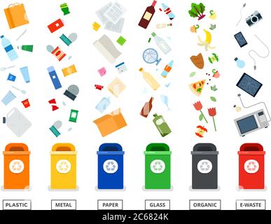 Recycling garbage separation collection and recycled vector. Trash in garbage cans with sorted garbage iconsRecycling garbage separation collection Stock Vector