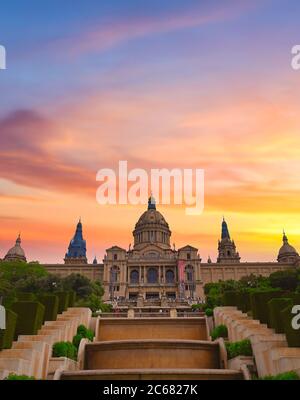 June 15, 2019 - Barcelona, Spain - The Palau Nacional, or National Palace, located on Mount Montjuic located in Barcelona, Spain. Stock Photo