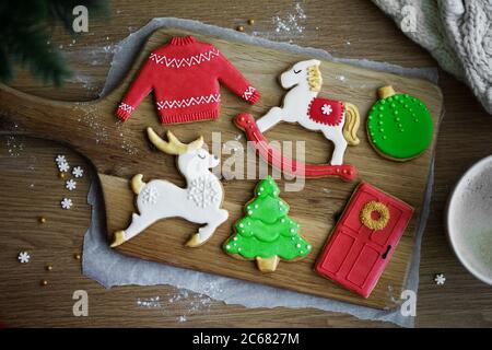 Decorated Christmas cookies overhead view Stock Photo