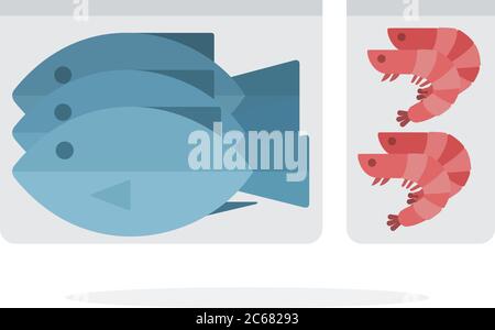 Fish and shrimps in vacuum packing flat isolated Stock Vector