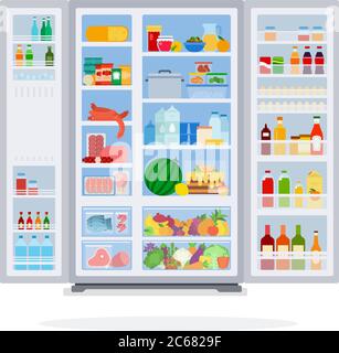 Open refrigerator filled with product flat isolated Stock Vector