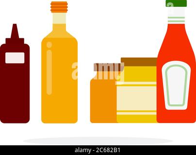 Barbecue sauce in a dispenser, sunflower oil, ketchup and mustard and honey in jars flat isolated Stock Vector