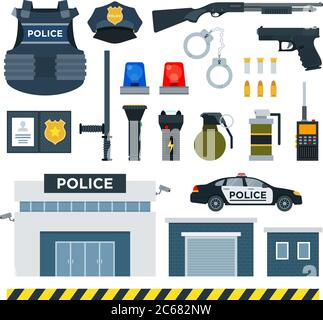 Set of Police Tools flat vector illustration. Stock Vector