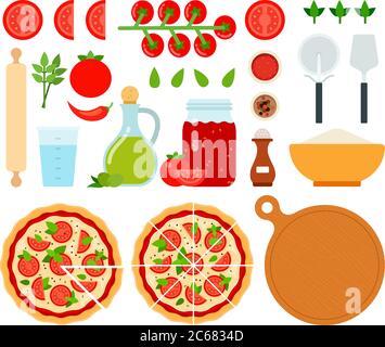 Set of Margarita Pizza icons flat vector illustration Stock Vector