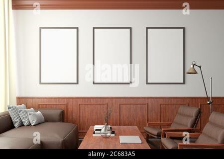 Three vertical blank posters mockup on white wall  in classic style interior of modern living room Stock Photo