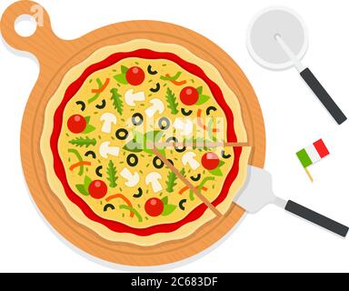 Italian pizza on a wooden board with utensils flat icon vector isolated Stock Vector