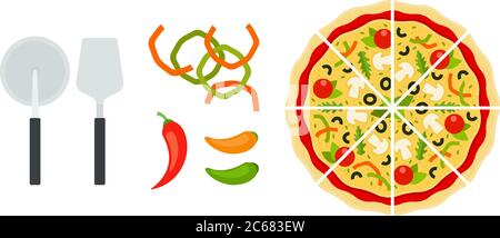 Sliced ??Italian pizza with tools and peppers flat icon vector isolated Stock Vector