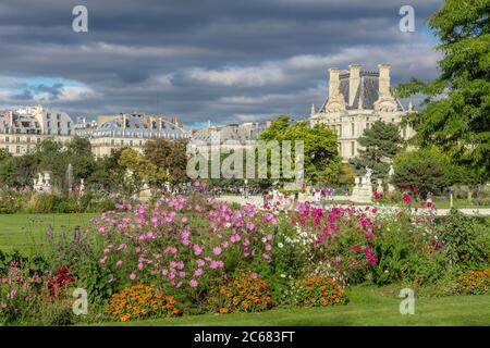 Flowers bloom in Jardin des Tuileries with Musee du Louvre beyone, Paris, Ile-de-France, France Stock Photo