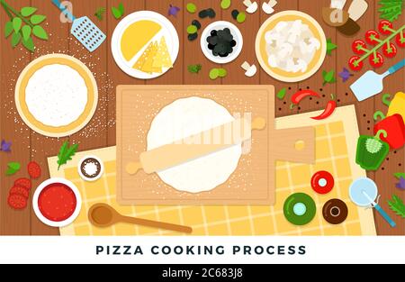 Pizza cooking process. Vector flat illustrations. Set of products and tools for pizza cooking on wooden table. Stock Vector