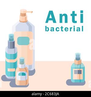 Antibacterial text on white backdrop. Antiseptic bottles set for social banner, hygiene promotion, medical poster, info card. Household goods store lo Stock Vector