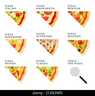 Set of pizzas with different ingredients. Tools for pizza. Vector flat illustrations. Stock Vector