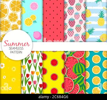 Cute Seamless Summer Pattern Collection Set Vector Illustration Stock Vector