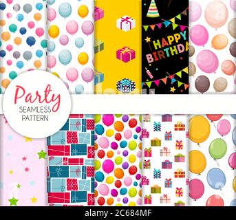 Cute Seamless Party Pattern Collection Set with balloons and gift box. Vector Illustration Stock Vector