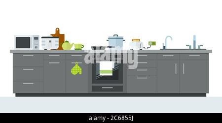 Kitchen with gray furniture, utensils and appliances. Vector flat illustrations. Stock Vector