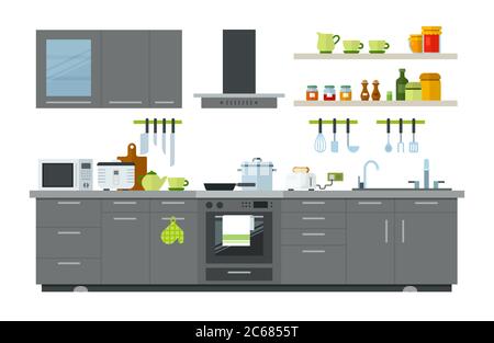 Illustration of a kitchen interior with furniture, appliances and utensils vector illustration Stock Vector