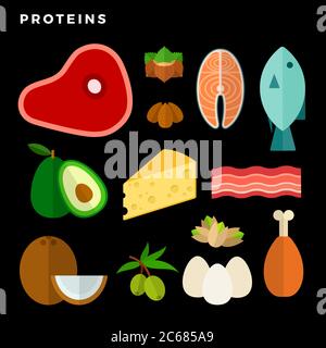 Products containing protein flat isolated on black Stock Vector