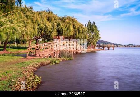 Landscape of the park of Pateira de ?is da Ribeira, with wooden pedestrian bridge, bathed by the waters of Pateira de Fermentelos in Portugal. Stock Photo