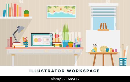 Illustrator workspace. Vector flat illustrators. Workplace of designer with devices for work. Stock Vector
